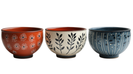 Three patterned bowls aligned next to each other in a studio shot on transparent background