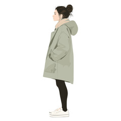 A young woman in a seafoam green coat illustration minimalist clothing vector