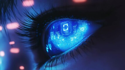Human Eye With Glowing Blue Tech HUD Display - Powered by Adobe