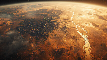 Space view of cracked earth and dried riverbeds after disaster