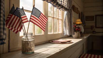 American flags in a jar on a wooden window sill, showcasing patriotism in a cozy setting.