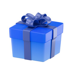 3D render of a blue gift box with a shiny ribbon and bow on a white background. Suitable for celebrations, promotions, surprises, special offers, and festive occasions.