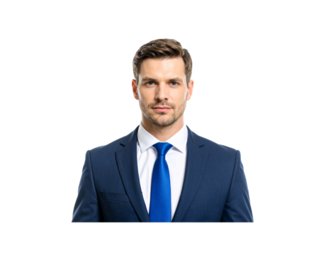 Confident Businessman in Navy Suit with Vibrant Blue Tie Head and Shoulders Portrait
