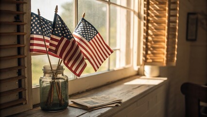 Three American flags in a jar by a window, bathed in warm sunlight, vintage decor.