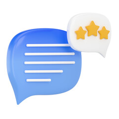 3D render of blue and white speech bubbles with star ratings on a white background. Ideal for customer feedback, product reviews, testimonials, and online ratings.