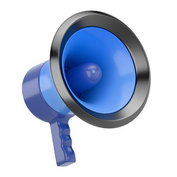 3D render of a blue and black megaphone on a white background. Perfect for marketing, announcements, promotions, public speaking, and communication visuals.

