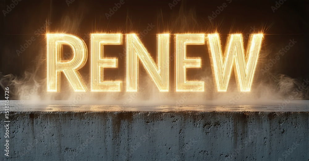 Poster glowing word renew rests upon concrete surface. smoke emanates from below, creating dramatic effect.