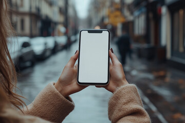 Woman holding phone with blank screen in urban setting on a rainy day