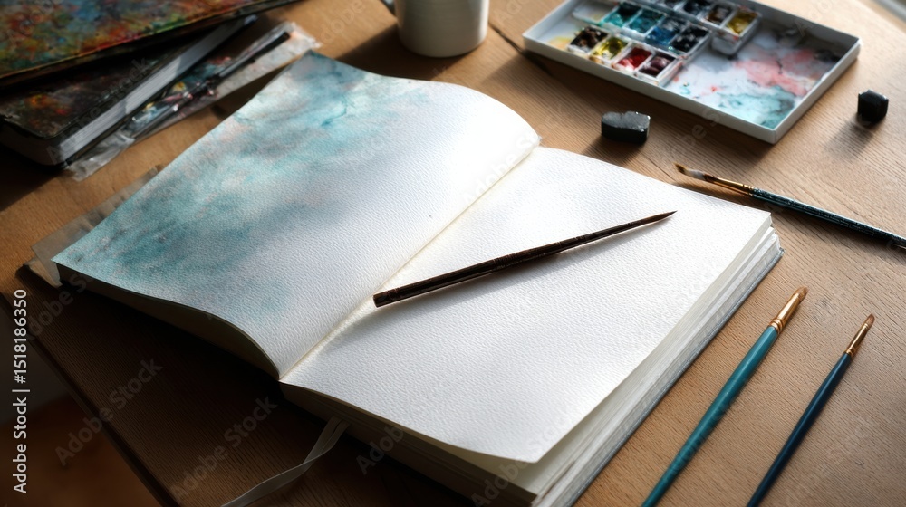 Aufkleber A book is open on a table with a pencil and a set of paintbrushes