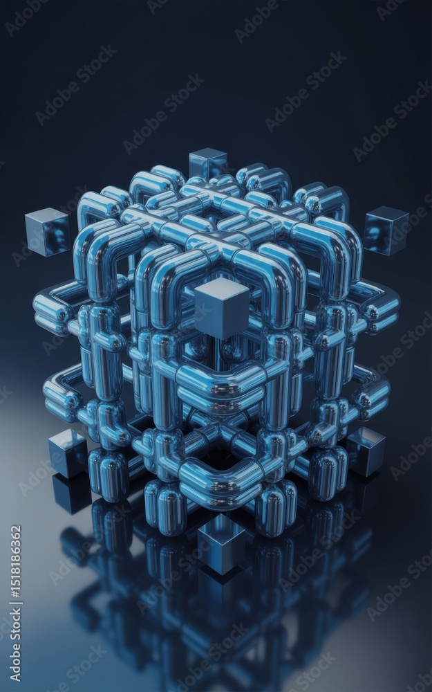 Poster abstract 3d render of a futuristic network cube with metallic blue pipes and floating cubes on a ref