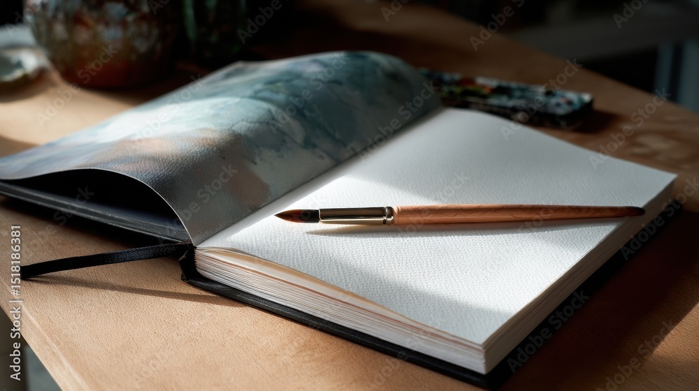 Aufkleber a book is open to a page with a brush and a pen on it