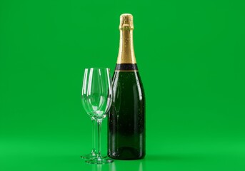 Champagne and elegant glasses on a bright green backdrop for a sparkling celebration of joyous moments