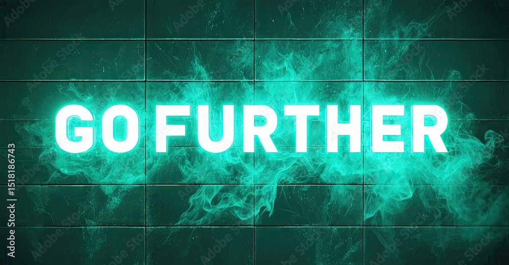 Poster Bright text reads GO FURTHER over teal, tiled background. Smoke effect adds dynamic visual interest. Dark borders frame composition.