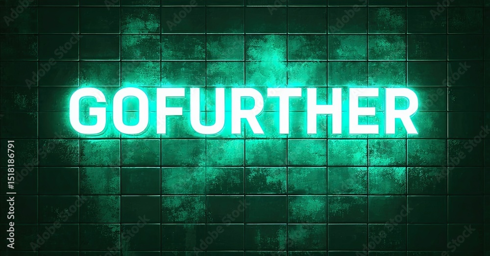 Aufkleber Bright neon text reads GOFURTHER against textured green tile background. Dark borders frame image. Simple, motivational message presented.