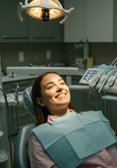 Smiling patient enjoys a dental check-up in a modern clinic filled with soft light and calm atmosphere Generative AI