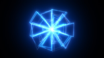 Electric blue energy starburst in a geometric radial form with glowing symmetry and futuristic light trails