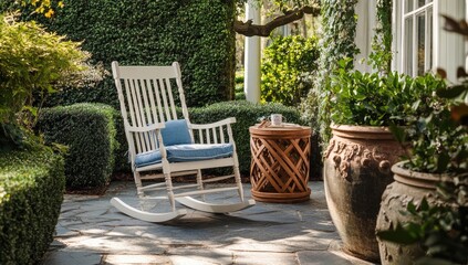White rocking chair on patio with plants