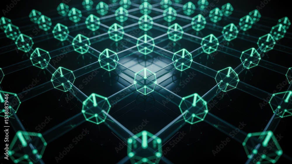 Poster abstract futuristic network of interconnected glowing geometric shapes representing data and technol