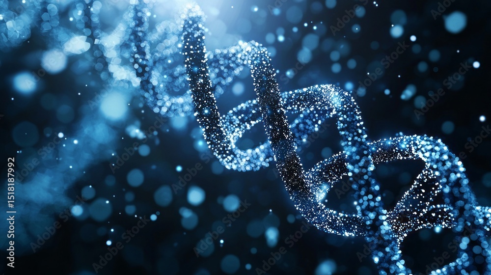 Poster the detailed representation showcases the double helix of dna surrounded by glowing particles agains