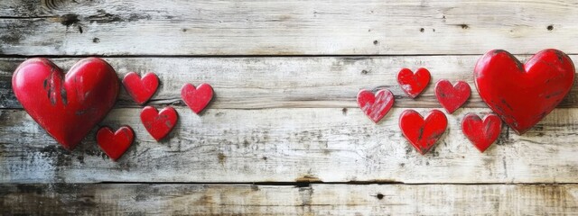 Red Hearts In love On Vintage Wooden Plank