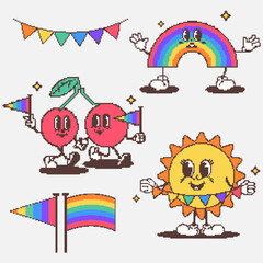 Vector illustration. Pixel rainbow arch, cherries holding Pride flags, and sun with heart-shaped glasses shine together in retro game style full of joy and LGBTQ colors. Concept of queer identity