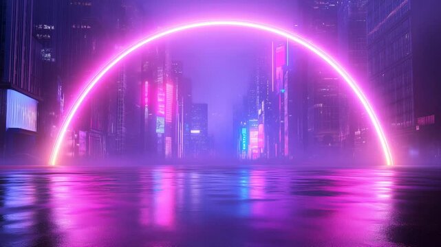 Futuristic cityscape reflected in water, illuminated by a large neon circle