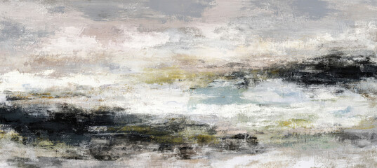 Abstract landscape painting in muted tones with textured brushstrokes, evoking a sense of nature, calm and atmospheric beauty in a modern, impressionistic style.