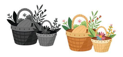 Two easter baskets filled with eggs and flowers presented in color and grayscale variations on a white background.