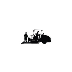 Silhouette of a paving machine with workers on white background