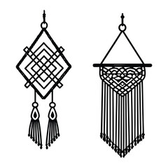 Hand drawn macrame style earrings illustrations in black and white perfect for bohemian fashion and craft projects designs