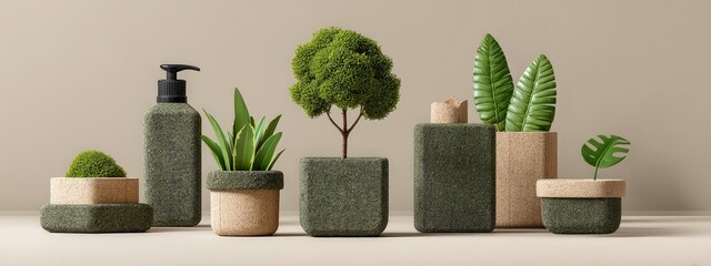 Fototapeta premium A row of potted plants and a bottle of lotion are displayed on a table