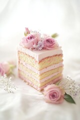 Pastel layered cake slice topped with roses and baby's breath