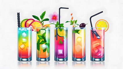 Cuba Libre, Long Island, Mojito, Paloma, Tequila Sunrise, Screwdriver cocktail transparent PNG set bundle, isolated background. Bar menu cocktails in highball glass, colorful rcolorful flowers in vase