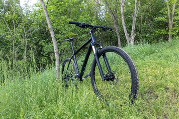 Fototapeta premium Mountain bike parked on a forest trail
