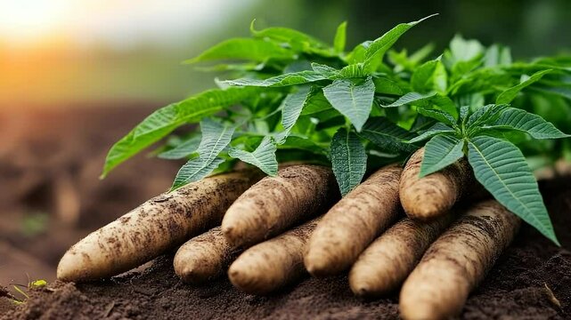Freshly Harvested Yuca Roots Displayed with Vibrant Green Leaves on Rich Brown Soil