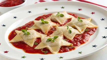 Star-shaped ravioli pasta served in tomato sauce and garnished with basil on a decorated plate.