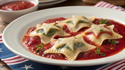 Beautiful star ravioli in a rich tomato sauce, ready to eat and enjoy in a festive setting.