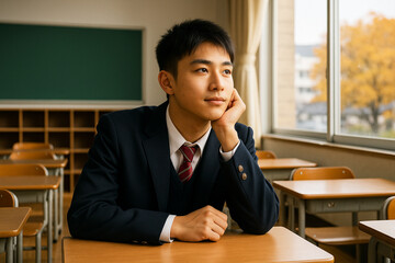 教室で窓の外を見つめる男子高校生