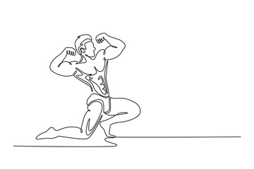 Continuous one line drawing attractive bodybuilder or athletic man showing his muscle in suspense. Sport, strength, bodybuilding, physical strength. Single line draw design vector graphic illustration