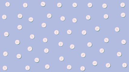 Blue and white pills background. Blue medical backdrop. Small pills with shadows background.
