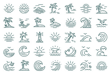Hand-drawn doodle alphabet set with vintage sea travel and nature summer decoration icons, vectors, and design elements