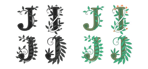 Decorative illustrations of the uppercase letter j adorned with floral elements and leaves in various unique color schemes.