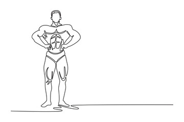 Single continuous line drawing bodybuilder with an ideal physique poses, showing off the pectoral muscles, abs and legs. Muscular man with naked torso. One line draw graphic design vector illustration