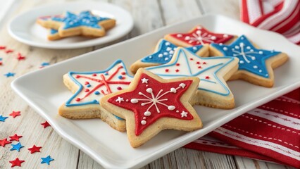 Delicious star-shaped cookies decorated with red, white, and blue icing on a white plate.