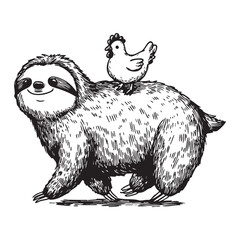 Sloth with a chicken on its back enjoying a playful moment