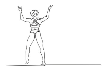 Single continuous line drawing muscular woman showing back muscles in gym. Attractive bodybuilder female in sportswear demonstrating body musculature. One line draw graphic design vector illustration