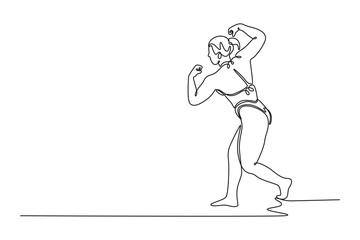 Single continuous line drawing woman bodybuilder showing back muscles at national bodybuilding competition. Strong woman with perfect abs, shoulders. One line draw graphic design vector illustration