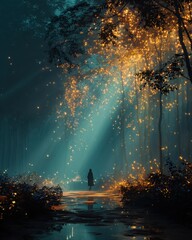 radiant soul journey art concept Enchanting Forest Pathway Illuminated by Golden Fairy Lights spiritual transformation glowing path abstract soul light illustration