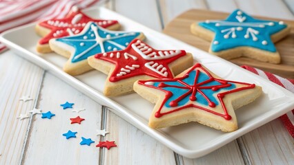 A beautiful arrangement of patriotic star-shaped cookies, perfectly iced for the holiday.