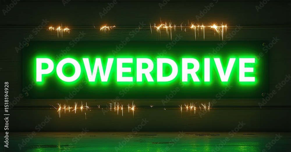 Poster bright green neon sign displays powerdrive. dark background emphasizes glowing text, creating futuri